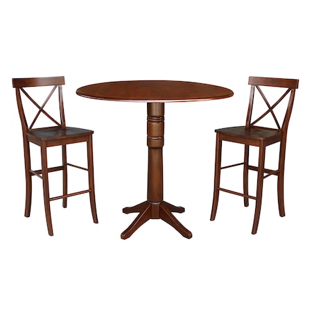 International Concepts Round 42 in Rd Pedestal Bar Ht Table, 2 Bar Ht Stools, Espresso, 42 in W, 42 in L, 41.5 in H, Wood K581-42DPT-27-6133-2